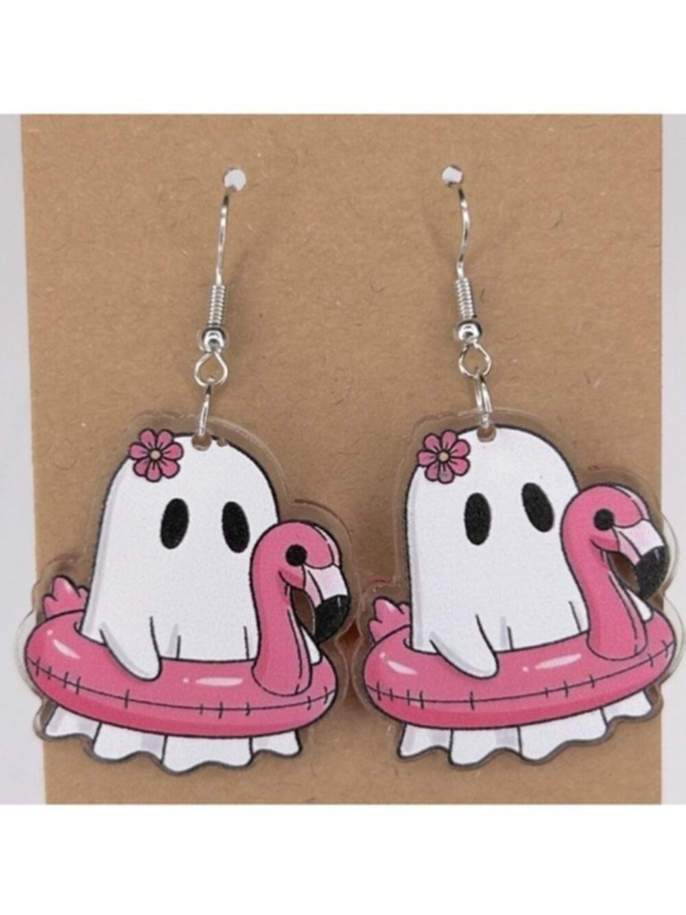 Summerween Ghost Flamingo Floaty 2D Acrylic Earrings Halloween Summer